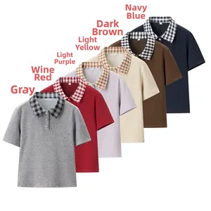 Detail of multi-color polo shirts with contrast plaid collar and buttoned placket