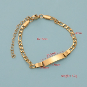 Detail view of gold Figaro ID bracelet showing 16+5cm length and 4mm chain width details