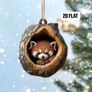Detailed 2D flat acrylic ornament featuring a cute red panda sleeping in a tree hollow