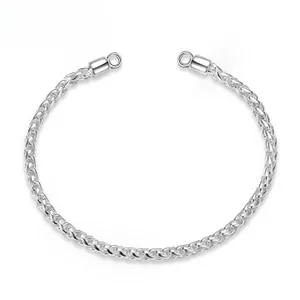 Close-up of S925 sterling silver woven bracelet with round loop ends for DIY charms