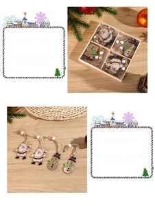 Christmas wooden Santa and snowman ornaments with white beads and twine in a wood box