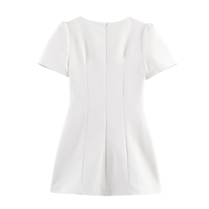 Back view of a white mini dress featuring puff sleeves and an invisible back zipper