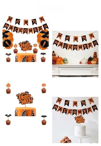 Detailed Halloween party set with Happy Halloween banner, pumpkin toppers and balloons