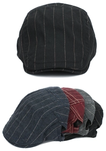 Close-up of cotton striped beret caps in black, navy, burgundy, and dark grey colors