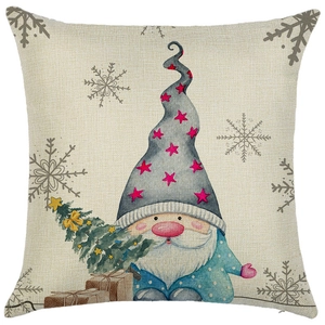 Christmas cushion cover with blue cartoon gnome and snowflake patterns for home decor
