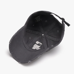Deep grey distressed cotton baseball cap with vintage worn brim and internal view