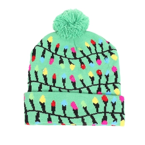 Mint green festive LED knitted beanie with colorful bulb patterns and soft pom-pom