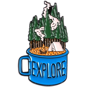 Enamel cup badge with Explore text and camping scene featuring tent and forest design
