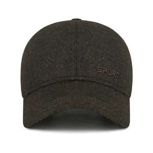 Winter thermal wool baseball cap for men featuring SPORT embroidery in dark coffee finish