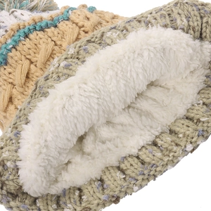 Close-up of beige knit beanie with thick white faux fur lining and cable stitch texture