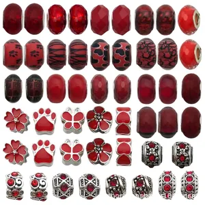 Red theme crystal glass beads and enamel heart charms set for DIY jewelry making