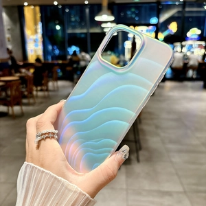 Detail of iridescent laser wave texture on a translucent frosted phone case held in hand