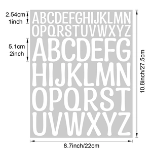 Detailed size chart for 1 and 2 inch waterproof vinyl alphabet stickers in capital letters