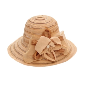 Elegant beige wide brim sun hat with mesh texture and 3D floral pearl decoration
