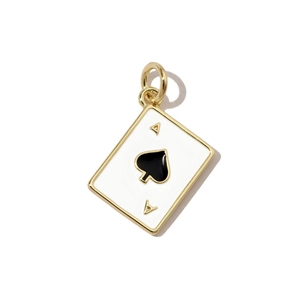 Detailed view of Ace of Spades poker card charm with gold plating and white enamel finish