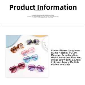 Detail of UV400 heart-shaped kids sunglasses with colorful PC frames and resin lenses