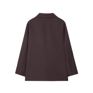 Back view of a deep brown double-breasted blazer with a loose oversized casual fit
