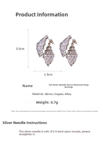 Detail showing dimensions and 925 silver needle on zircon geometric drop earrings