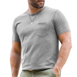 Detail of gray men's Henley T-shirt showing knit cotton texture and chest pocket