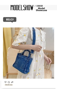 Detail of casual blue denim crossbody bag featuring front pocket and adjustable strap