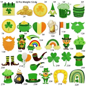 Detailed grid of 32 St. Patrick's Day embroidery patches featuring shamrocks and leprechauns