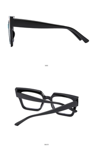 Side and back view of glossy black square eyeglasses frame with blue light blocking lenses