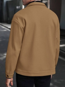 Back view of men's camel wool jacket with drop shoulders and casual lapel design