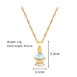 Detailed view of angel pendant necklace with iridescent gem and crystal micro-pave