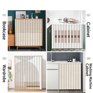Modern geometric dustproof cabinet curtain for shelves and closets in four home settings