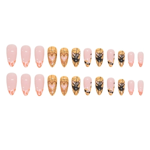 Halloween almond press-on nails with spider web and bat designs in pink and orange