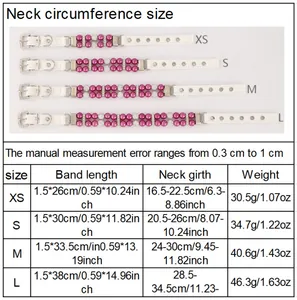 Detailed size chart for pearl pet collar with neck circumference measurements and weight