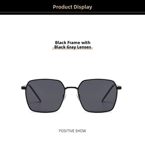 Front view of black polarized sunglasses with dark grey lenses and metal frame