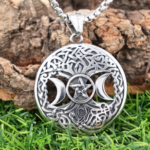 Tree Of Life Pentagram Triple Moon Stainless Steel Pendant Necklace Nordic Viking Wicca Vintage Jewelry For Men Women