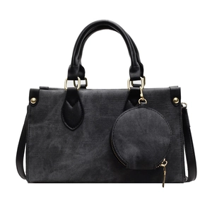 Chic dark grey textured tote bag with monogram pattern and detachable round coin purse