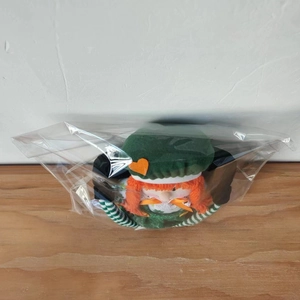 St. Patrick's Day plush doll with green hat and orange hair in protective packaging