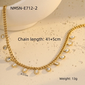 Detailed view of gold stainless steel necklace with water drop zircon charms and dimensions