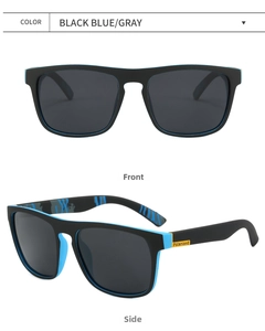 Front and side view of matte black polarized sunglasses with blue accents and gray lenses