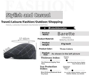 Detailed size and 10% wool blend material specifications for plaid newsboy cap