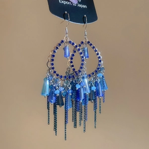 Silver needle long tassel earrings with deep blue crystals and rhinestones
