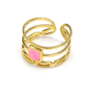 Three-layer 18K gold-plated stainless steel ring with pink square resin rose inlay