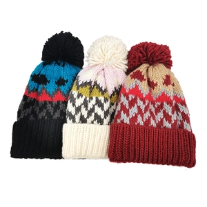 Women Winter Knit Beanie Hat Acrylic Warm Wave Jacquard Pom Pom Folded Cuff Thermal Skull Cap Outdoor