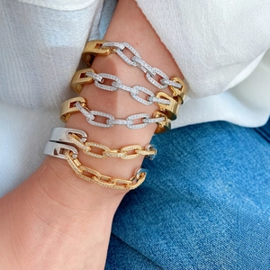 Geometric C-Shape Open Bangle Bracelet Copper 18K Gold Plated Micro Pave Cubic Zirconia Two Tone Fashion Jewelry Women