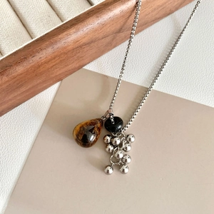 Vintage silver box chain necklace with tiger eye stone and grape cluster charms