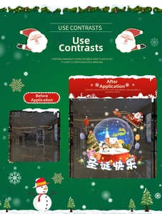 Détail d'autocollants de Noël montrant la comparaison avant et après la pose sur vitre