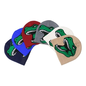 Winter knitted beanies with dinosaur embroidery in six colors for outdoor warmth