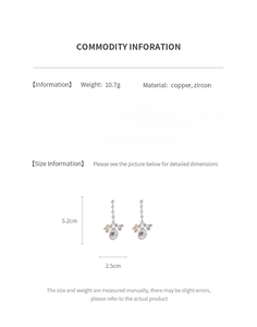 Detailed size and weight specs for silver needle zircon water drop tassel earrings