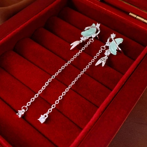 Boucles D'oreilles À Clip Pampille Lune Feuille Style Chinois Cuivre Zircon Jade Synthétique Tige En Argent 925