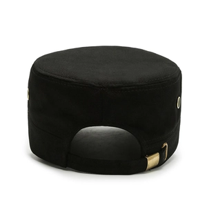 Classic black military flat top cap in twill cotton with adjustable metal buckle back