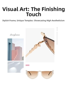 Detailed macro view of cat eye sunglasses featuring rimless lenses and white pearl trim