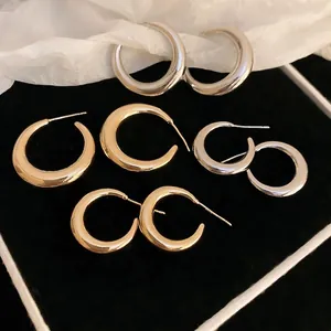 Fashion Geometric C-Shape Hoop Earrings With 925 Sterling Silver Earring Post Polished Chunky Stud Jewelry For Women
